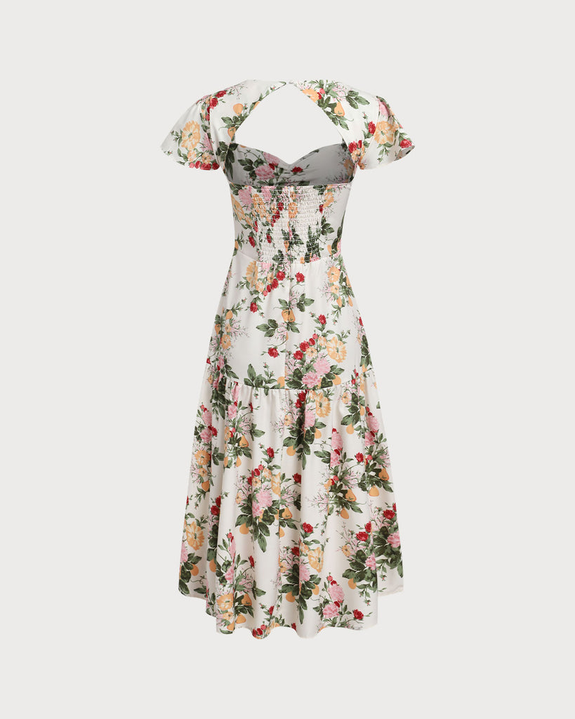 Green Floral Shirred Square Neck Midi Dress