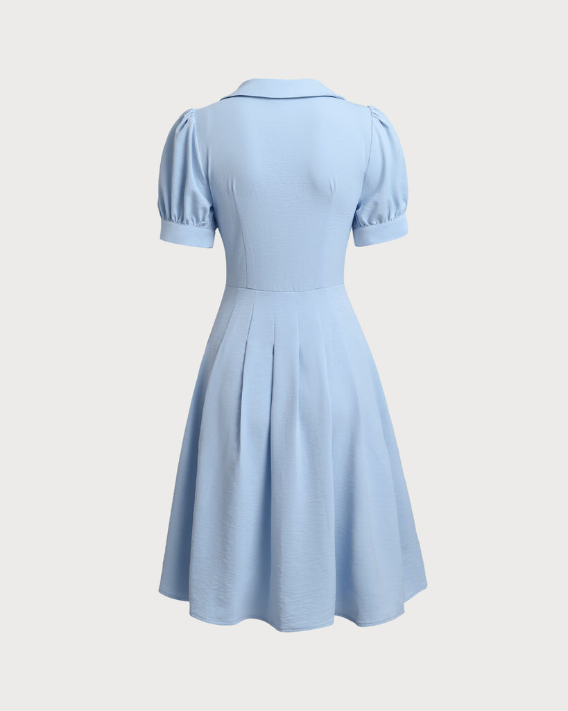 Blue U Neck Puffed Sleeve Pleated Midi Dress - RIHOAS