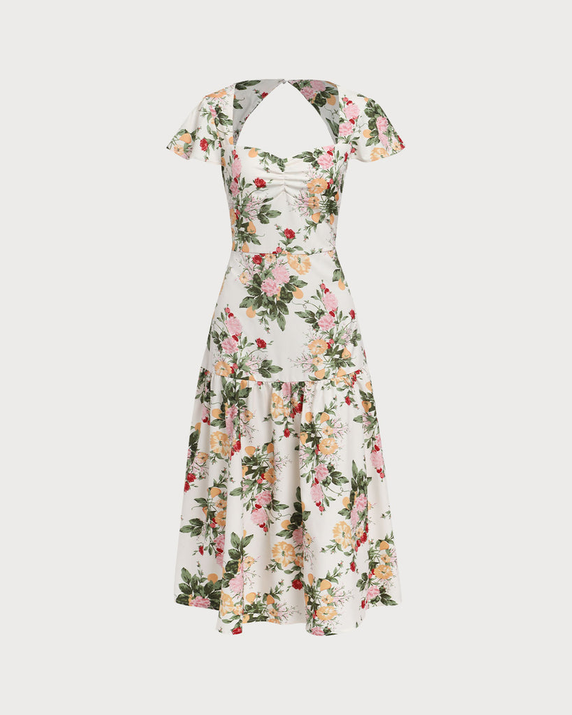 Green Floral Shirred Square Neck Midi Dress