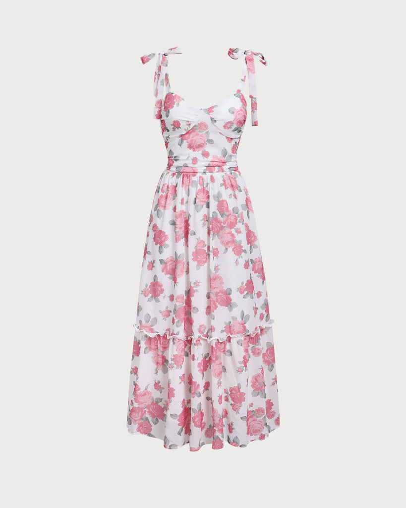 Pink Floral Shirred Tie Strap Midi Dress