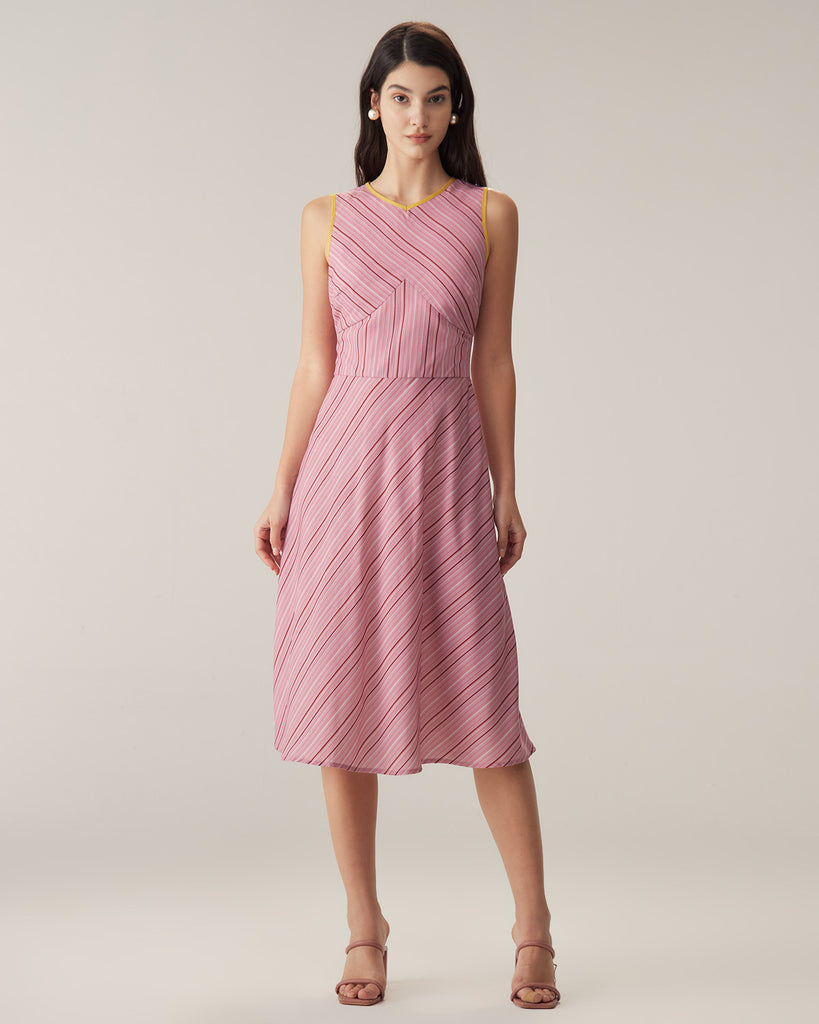 Pink Striped V Neck Sleeveless Midi Dresses