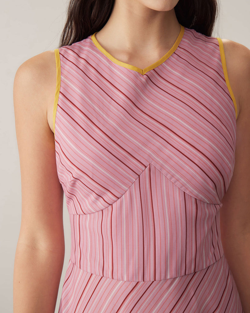 Pink Striped V Neck Sleeveless Midi Dresses