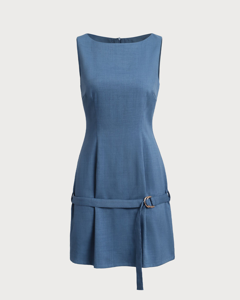 Blue Boat Neck Belted Mini Dress  - RIHOAS