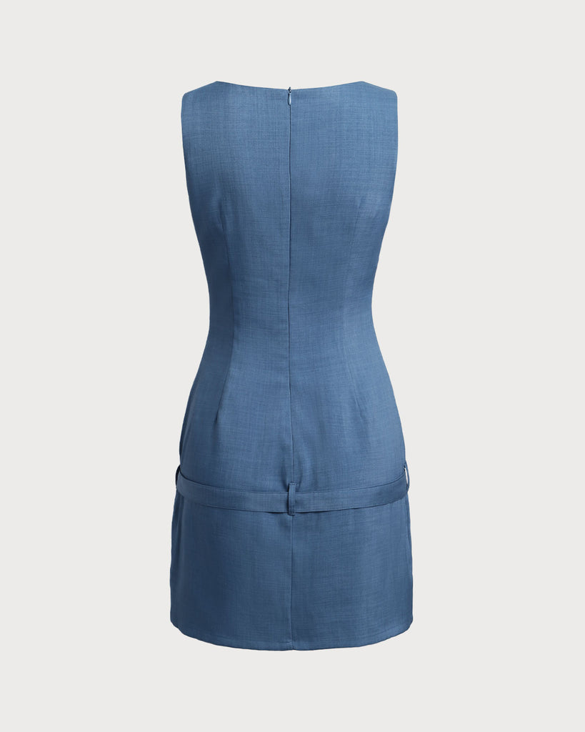 Blue Boat Neck Belted Mini Dress  - RIHOAS - RIHOAS