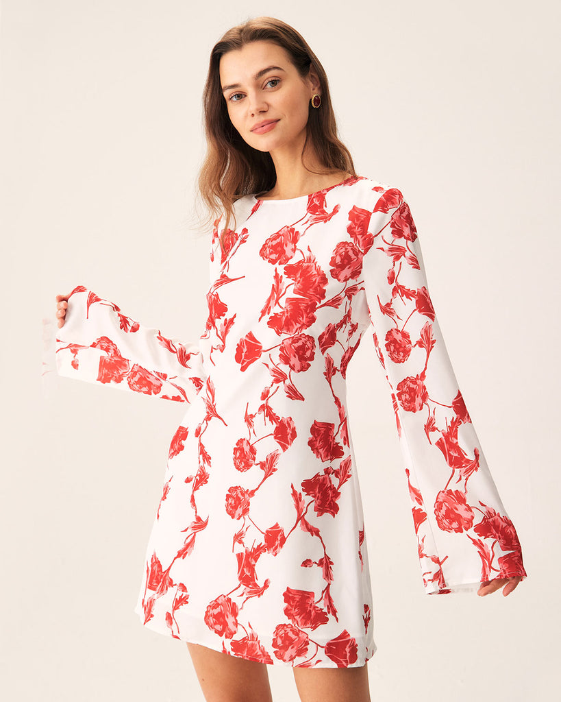 Red Floral Boat Neck Mini Dress