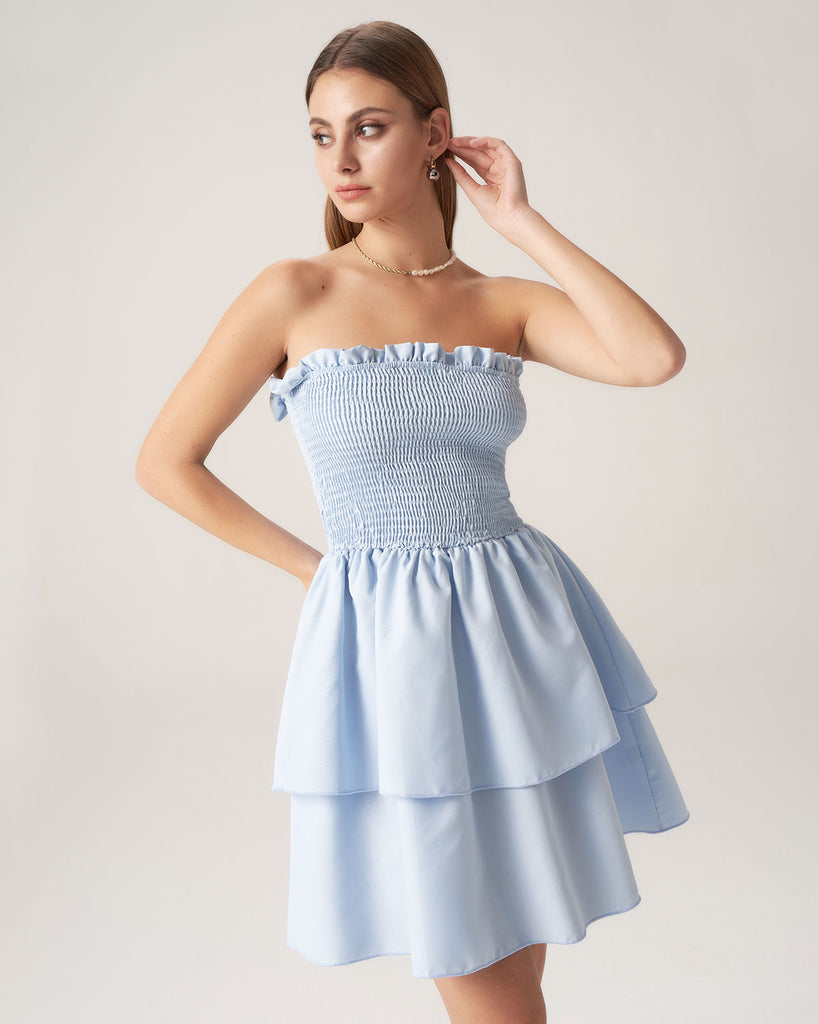 Blue Strapless Tiered Mini Dresses