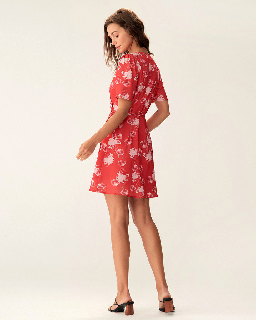 Red Floral A-Line Wrap Mini Dress  - RIHOAS