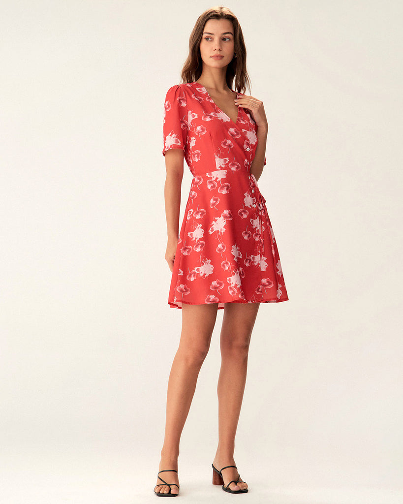 Red Floral A-Line Wrap Mini Dress  - RIHOAS