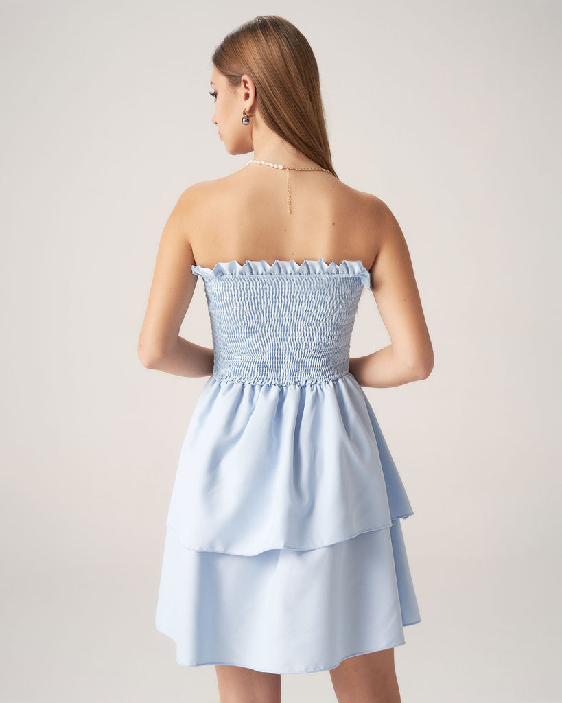 Blue Strapless Tiered Mini Dresses