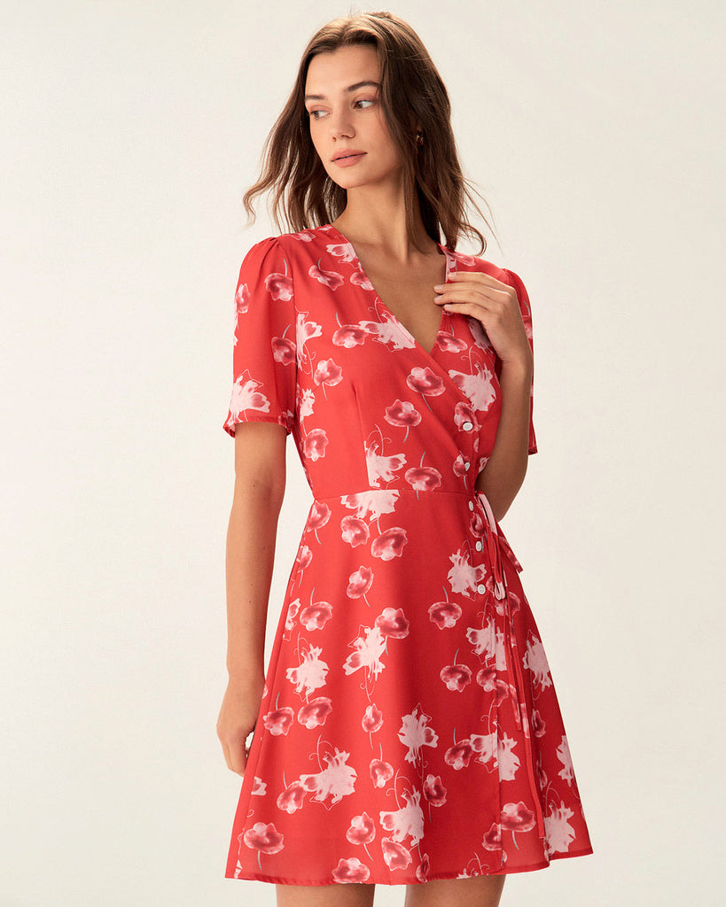 Red Floral A-Line Wrap Mini Dress  - RIHOAS