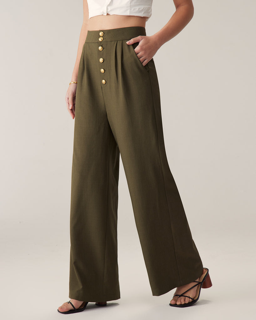 Green High-Waisted Straight Wide-Leg Pants