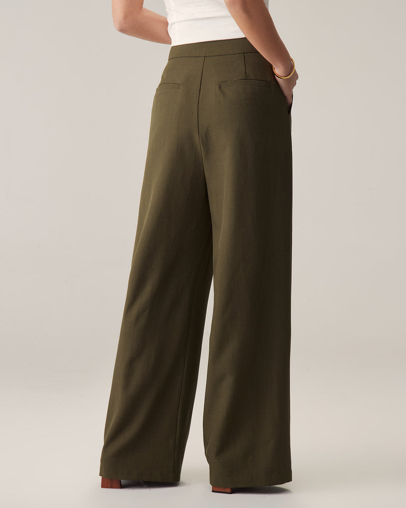 Green High-Waisted Straight Wide-Leg Pants