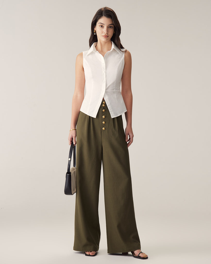 Green High-Waisted Straight Wide-Leg Pants