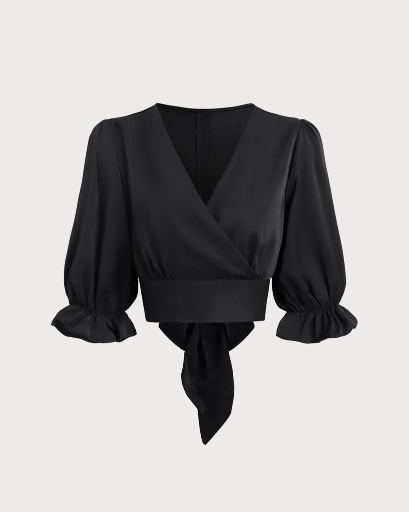 Black Poet Sleeve V-Neck Cropped Blouse