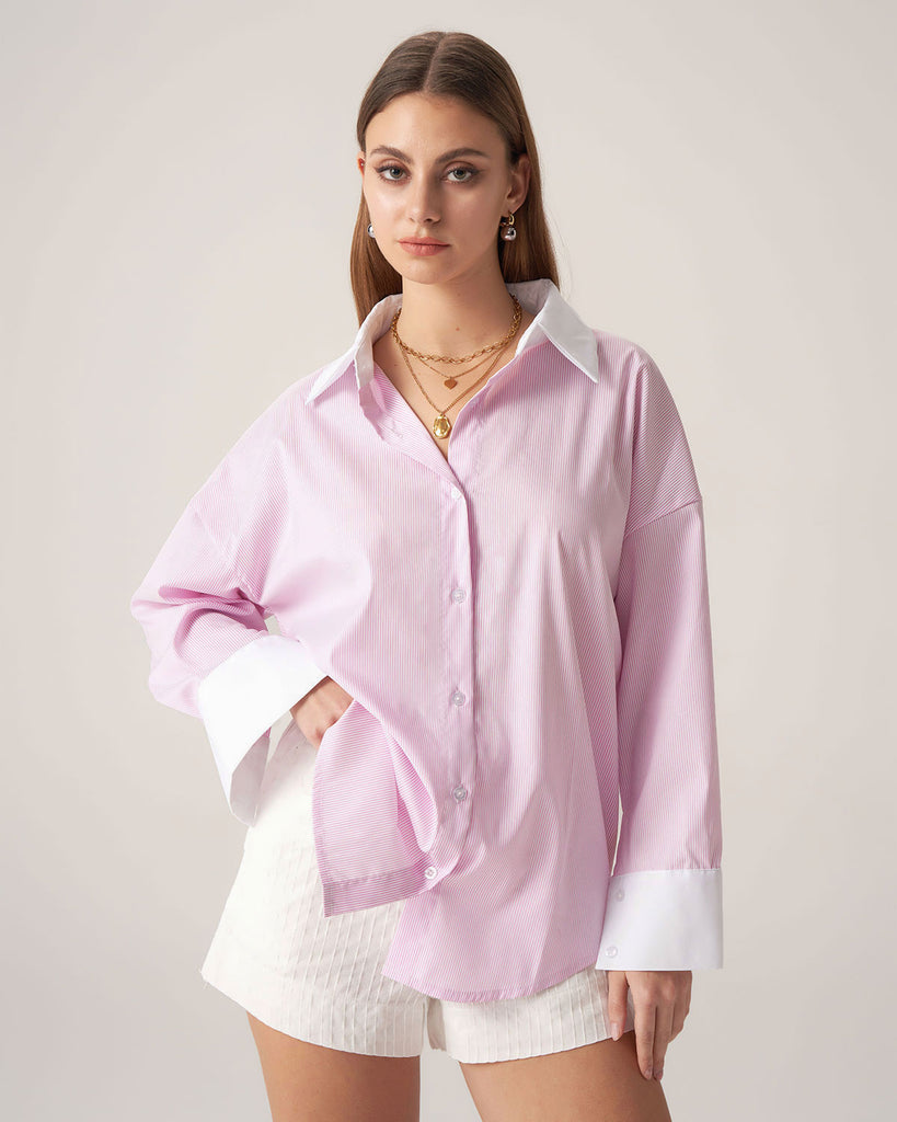 Pink Contrast Striped Loose Shirt