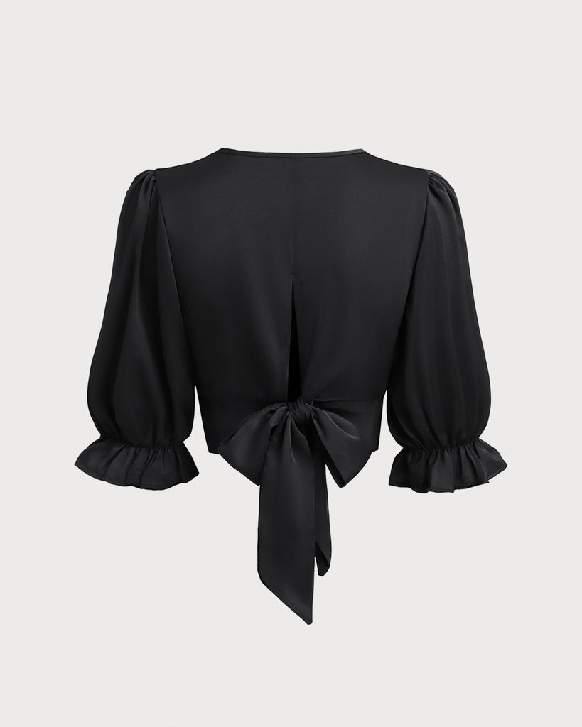 Black Poet Sleeve V-Neck Cropped Blouse