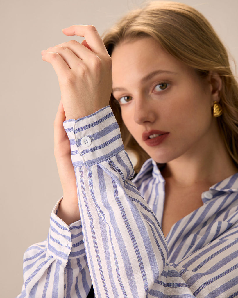 Women's Blue Striped Long Sleeve Shirt