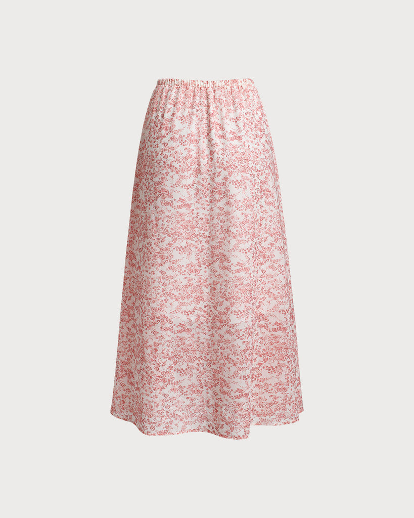 Pink Floral Elastic Waist Flared Skirt - RIHOAS