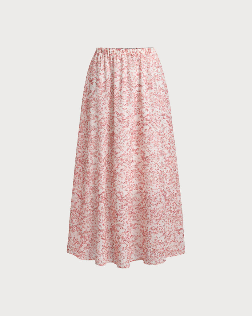 Pink Floral Elastic Waist Flared Skirt - RIHOAS