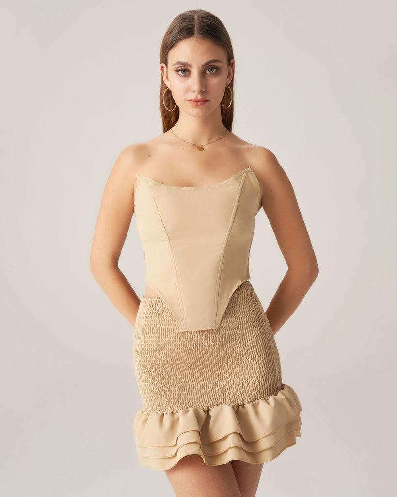 Khaki Ruffle Shirred Two Piece Skirt Set