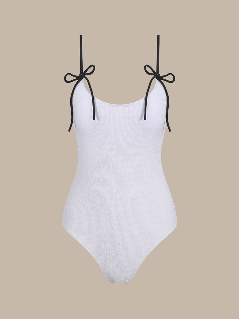 White Contrast Bowknot One-Piece Swimsuit