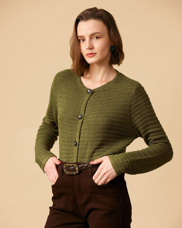 The Dual Pockets Sweater Cardigan Green Tops - RIHOAS