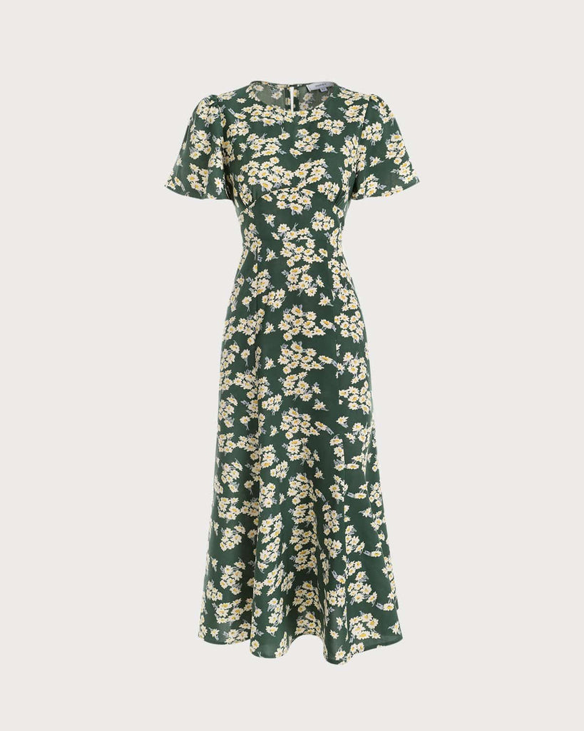 The Green Round Neck Short Sleeve Floral Midi Dress - Round Neck Short ...