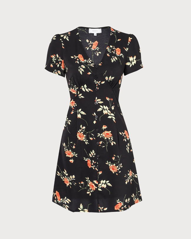 The Black V Neck Floral Button Up Mini Dress & Reviews - Black ...