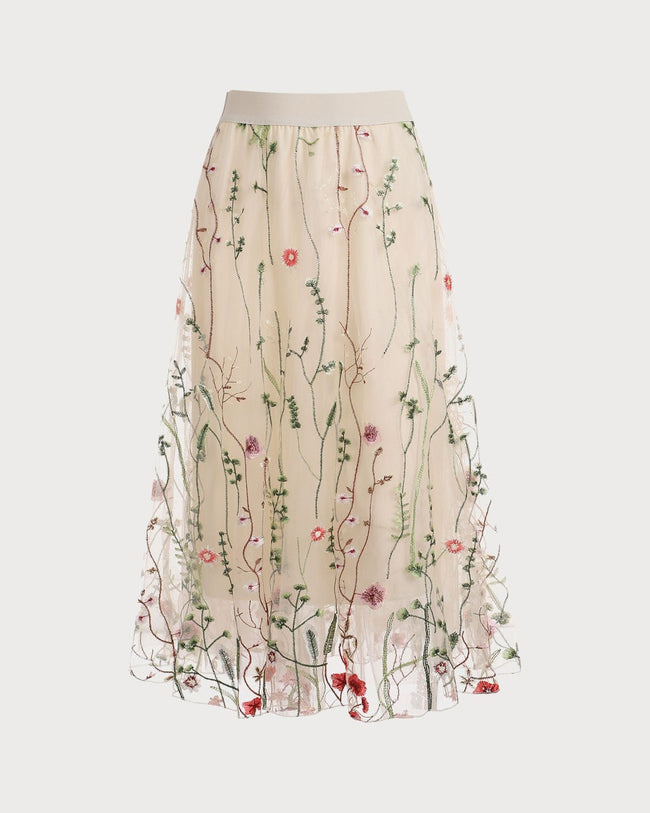 The High Waisted Floral Embroidery A-line Midi Skirt - Women's 