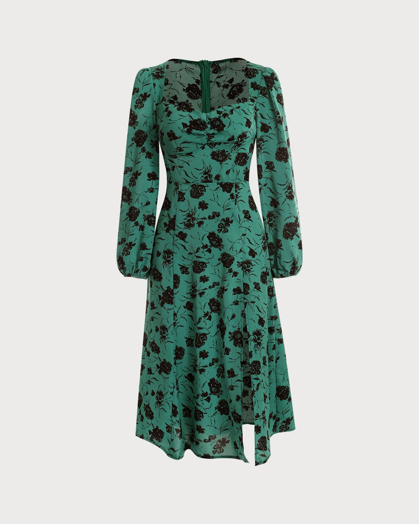 The Sweetheart Neck Floral Long Sleeve Midi Dress & Reviews - Green ...