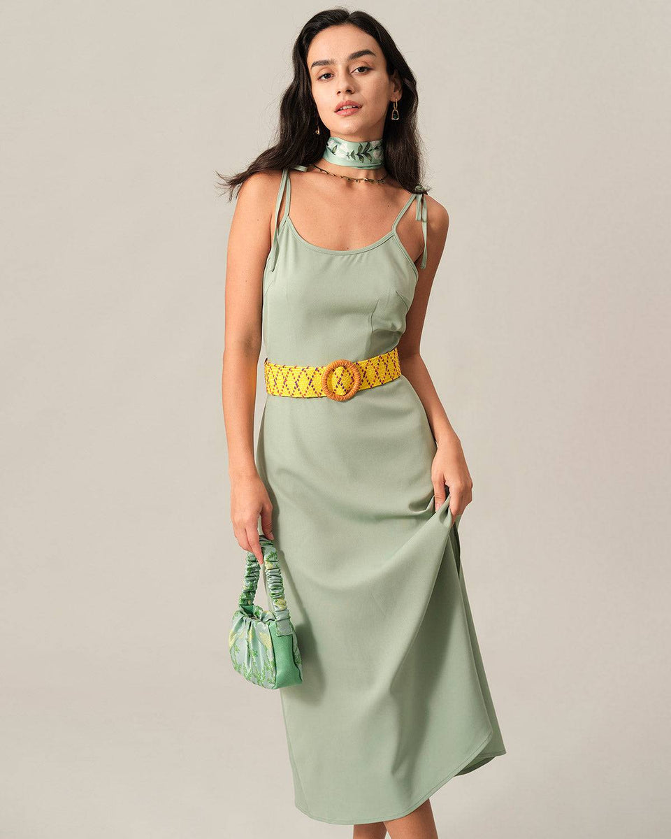 The Solid Tie Strap Midi Dress & Reviews - Green - Dresses | RIHOAS