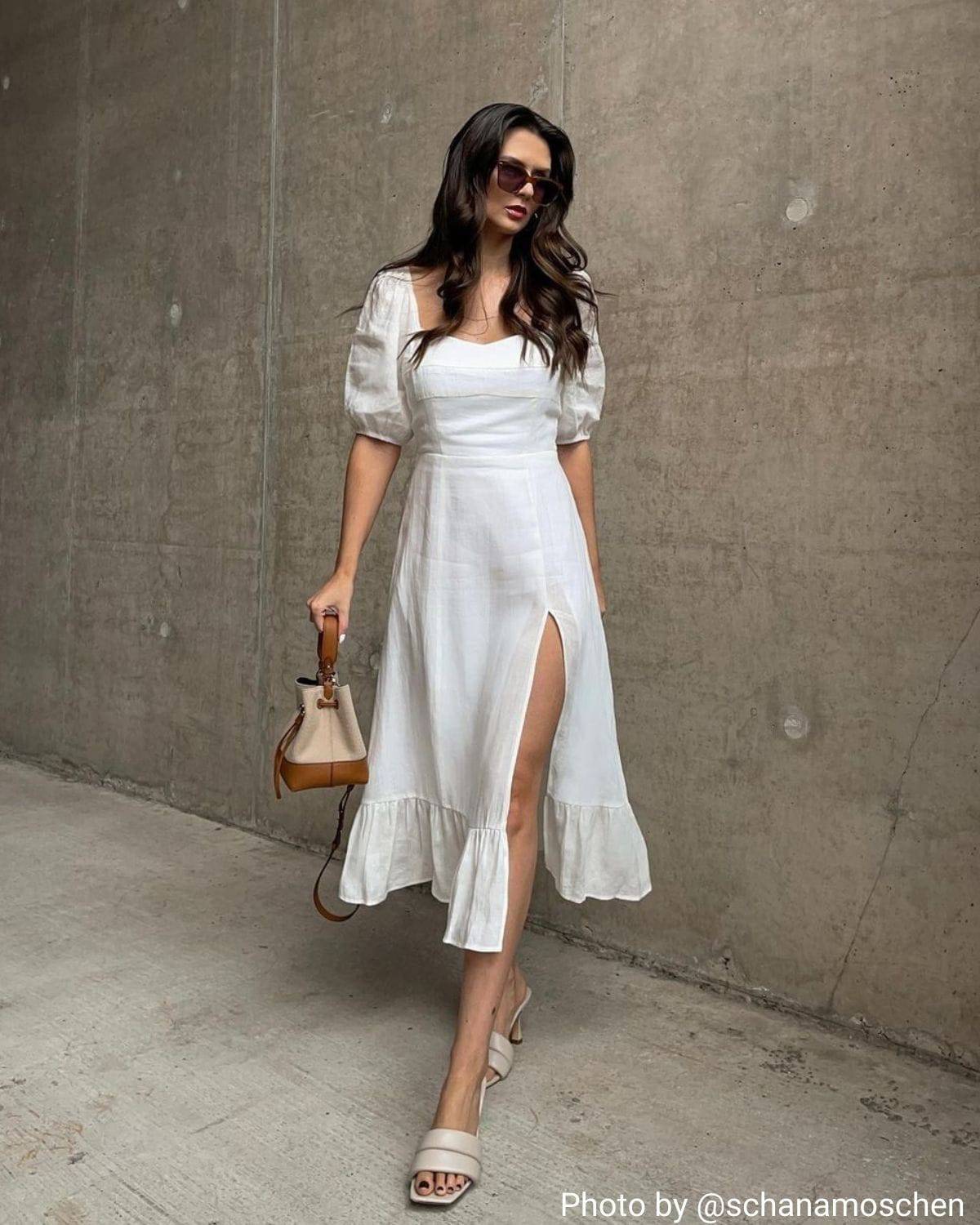 Puff Sleeve Split Hem Midi Dress - Women's Formal & Casual Midi Dresses -  White - Dresses | RIHOAS