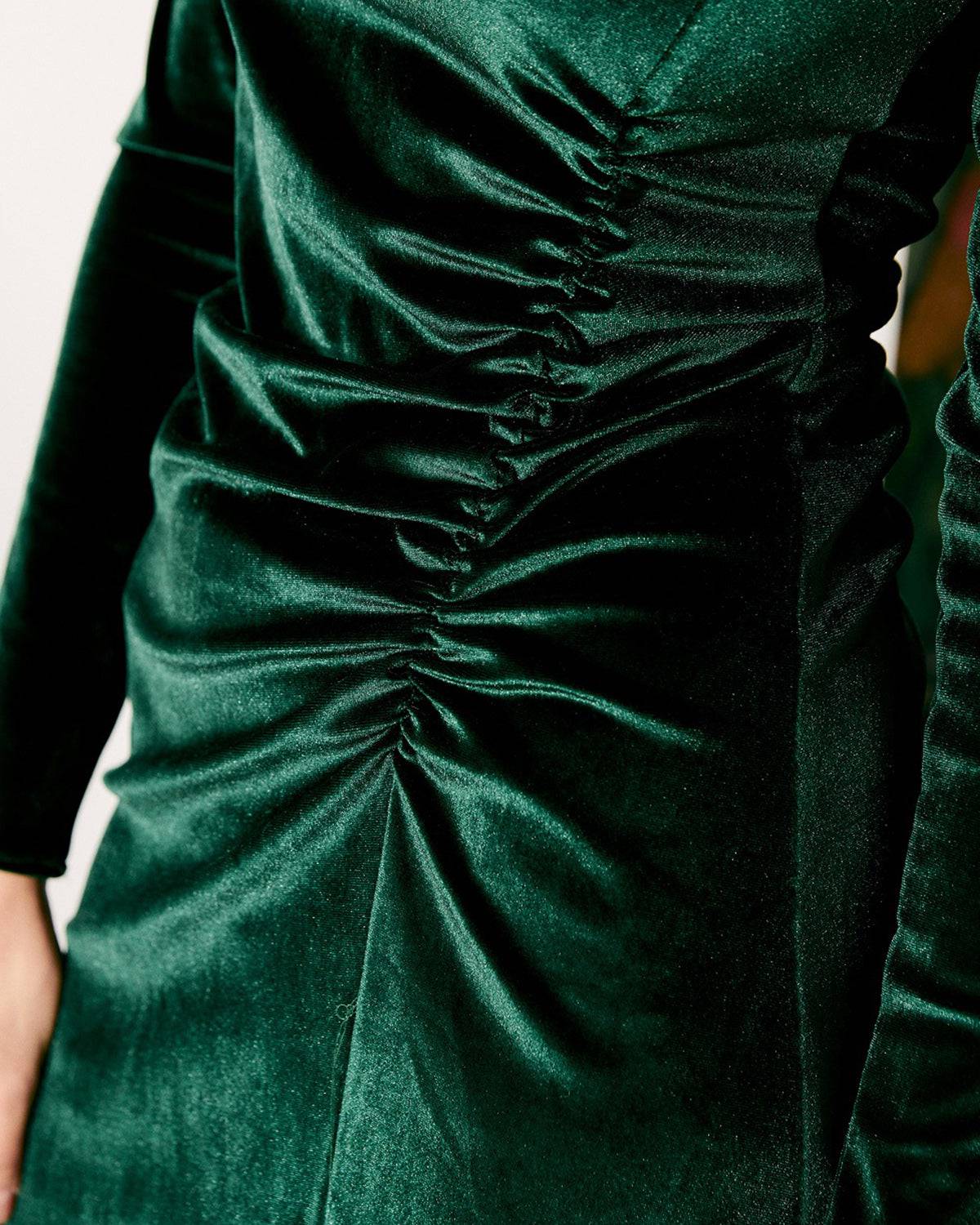 The Green Elegant Ruched Velvet Dress - Long Sleeve Ruched Velvel Midi Dress  - Dark Green - Dresses