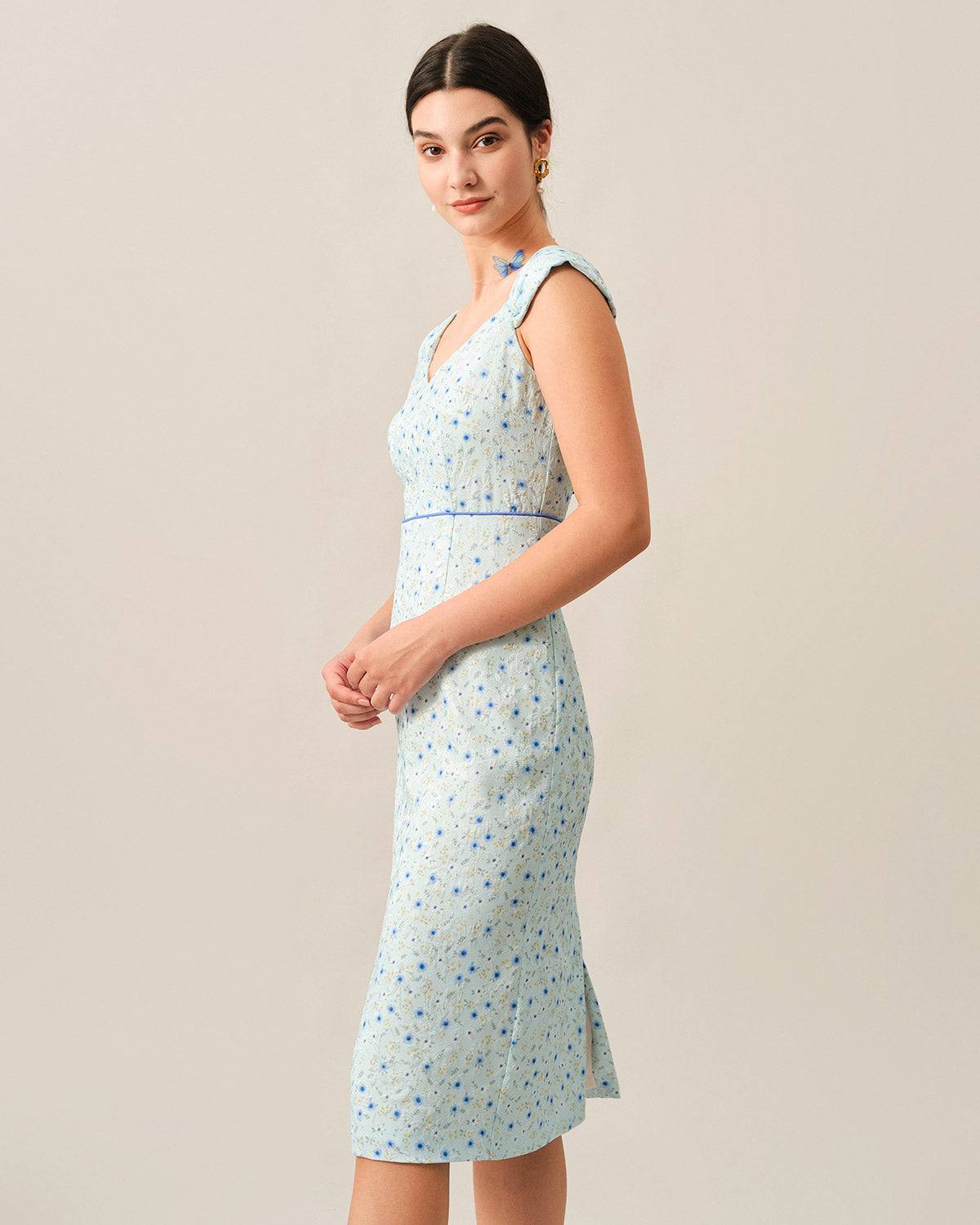 The Floral Jacquard Midi Dress - Floral Jacquard Midi Sleeveless