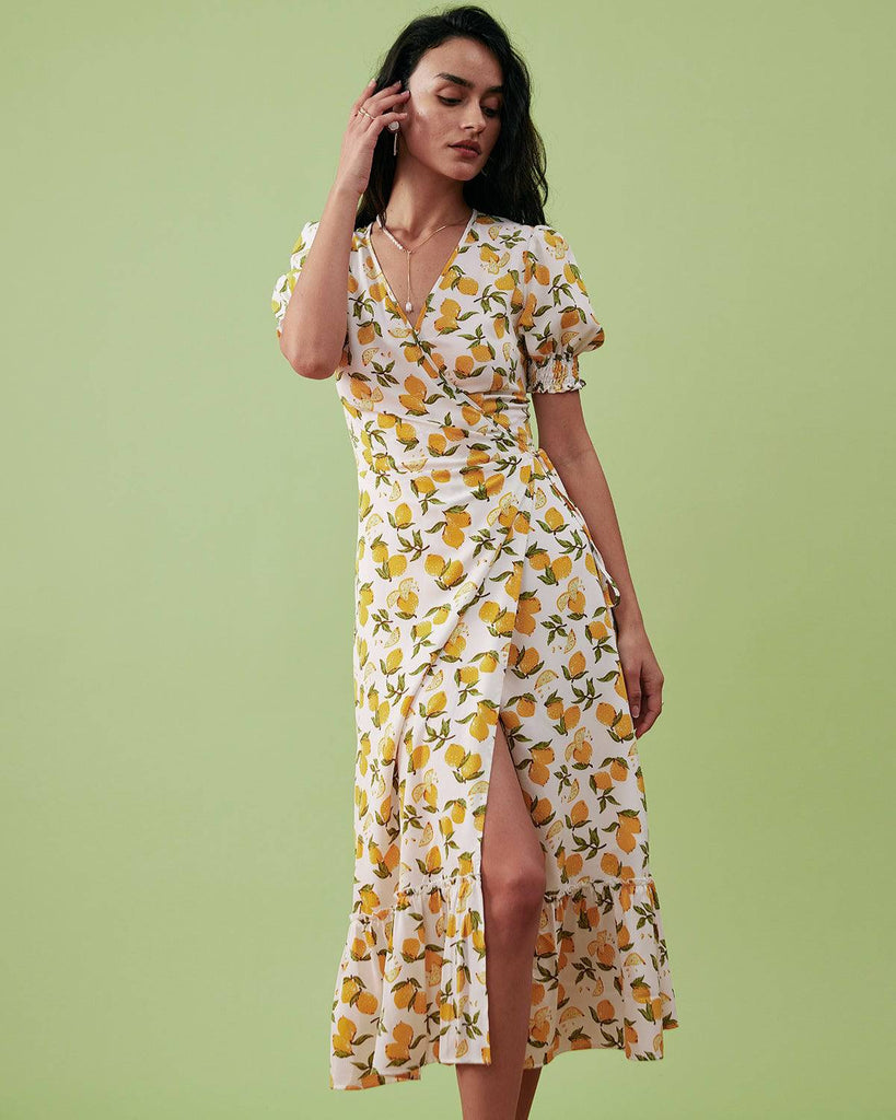 Orange Fruit Print Wrap Midi Dress - Women's Short Sleeve Wrap Midi ...