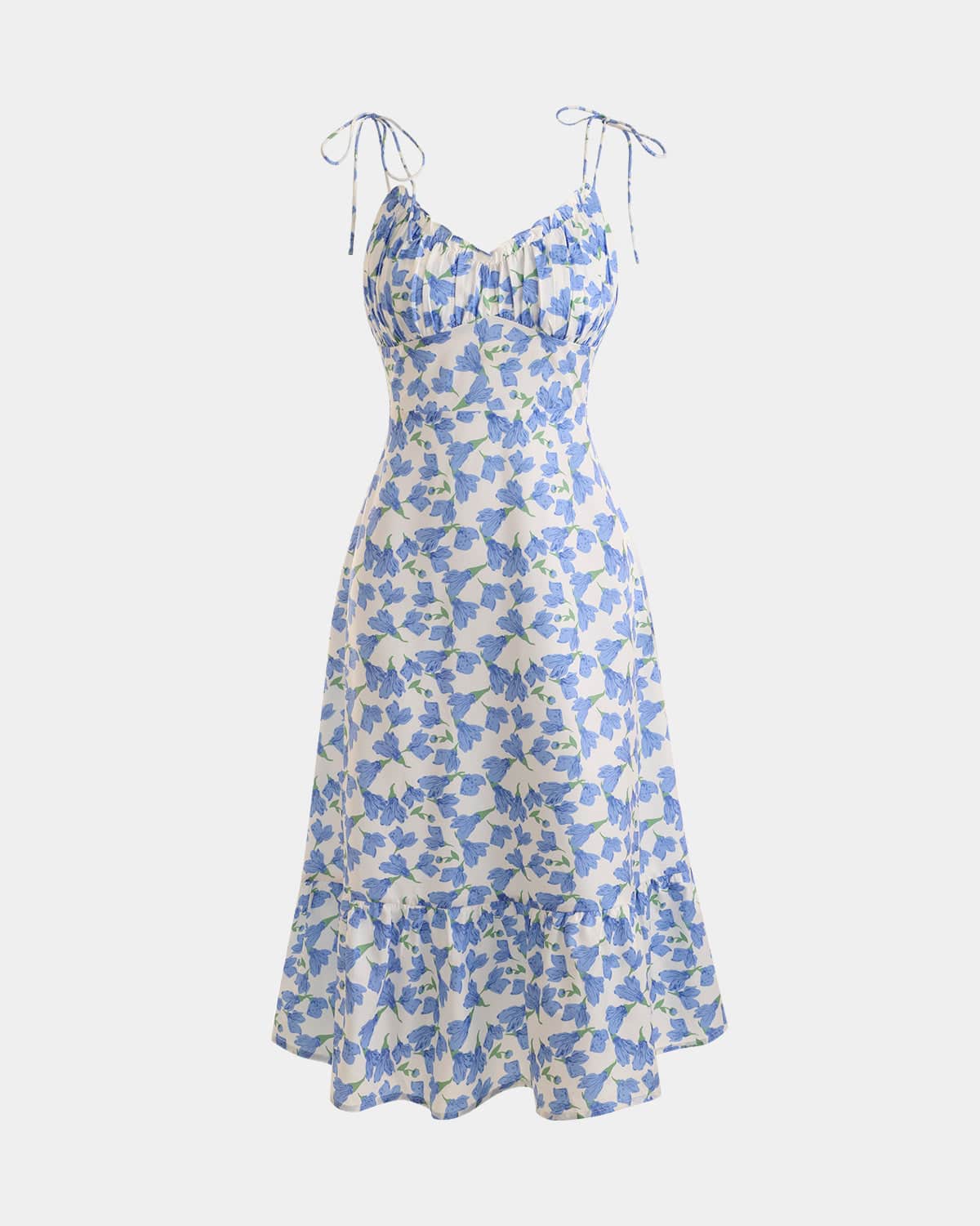 Veda Strappy Back Ruffle Midi Dress Floral Blue  Floral midi dress, Ruffle  midi dress, Blue floral midi dress