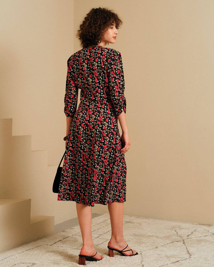 The V Neck Button Floral Midi Dress & Reviews - Multi - Dresses | RIHOAS