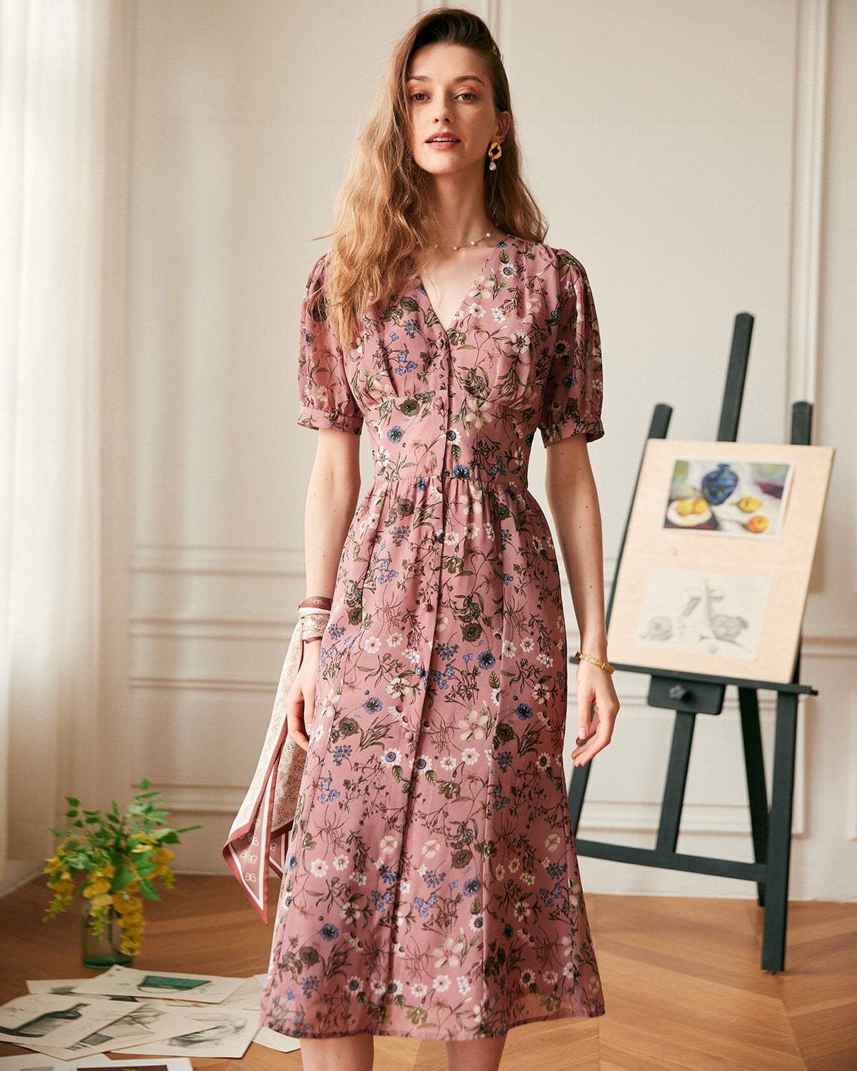The V Neck Floral Midi Dress - Women's Puff Sleeve V Neck Floral