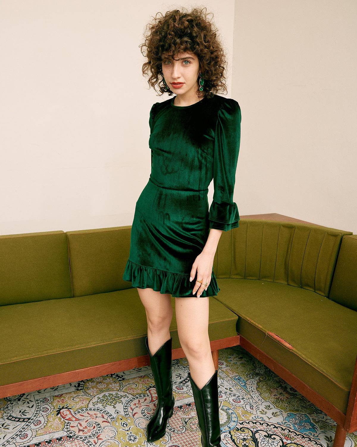 Forest Green Velvet Slit Dress
