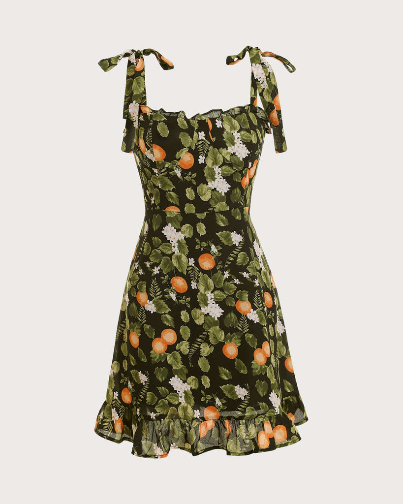 The Green Fruit Print Tie Shoulder Mini Dress - Tie Shoulder Floral ...