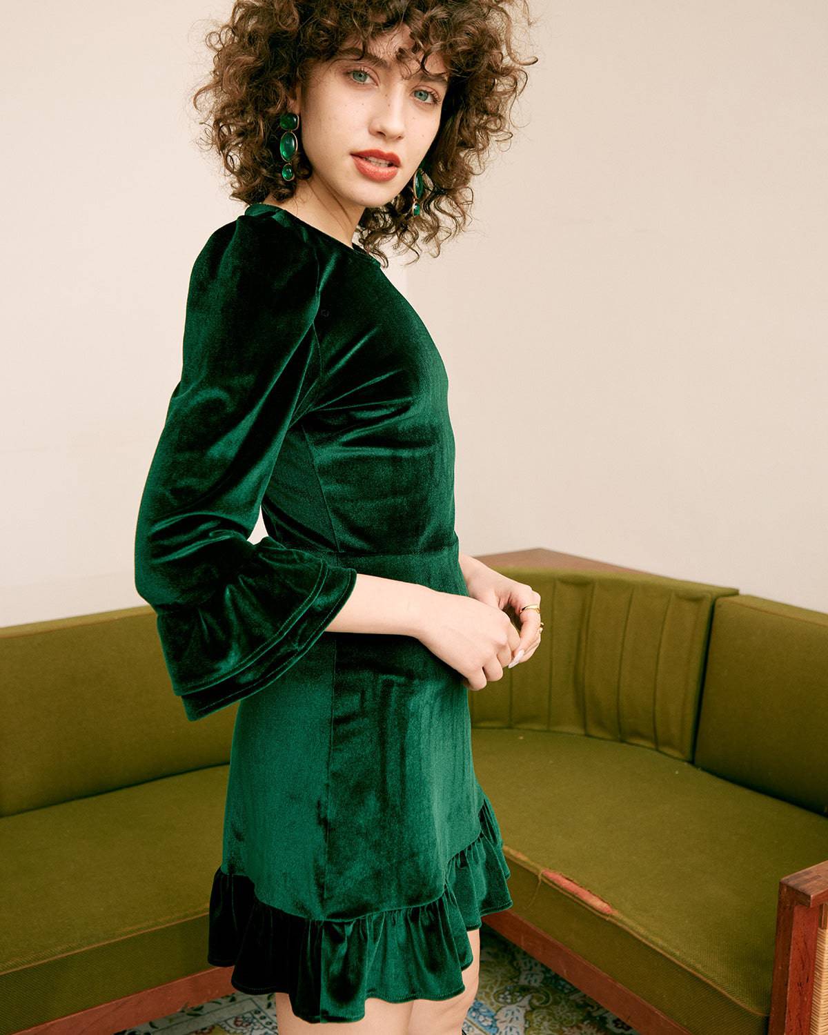 Emerald Green Velvet Dress Elegant Wedding Evening Party Long Sleeve Prom  Dress | eBay
