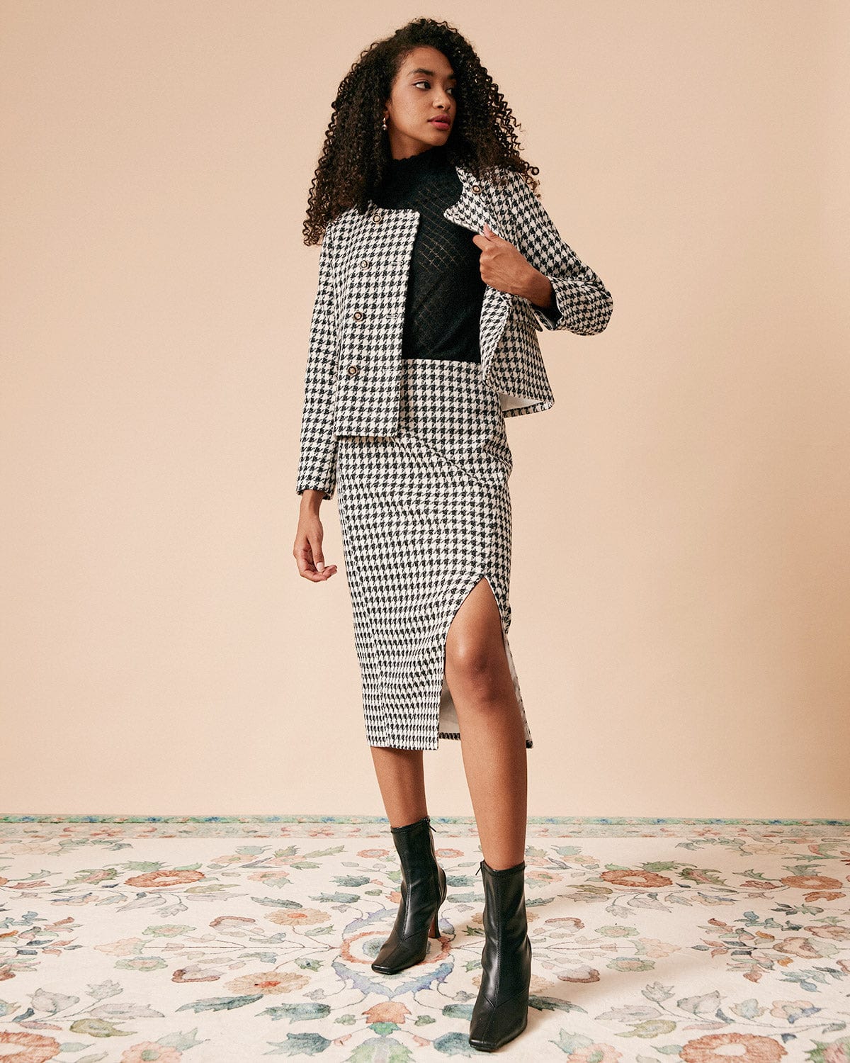 The High Waisted Plaid Tweed Slit Skirt & Reviews - Black