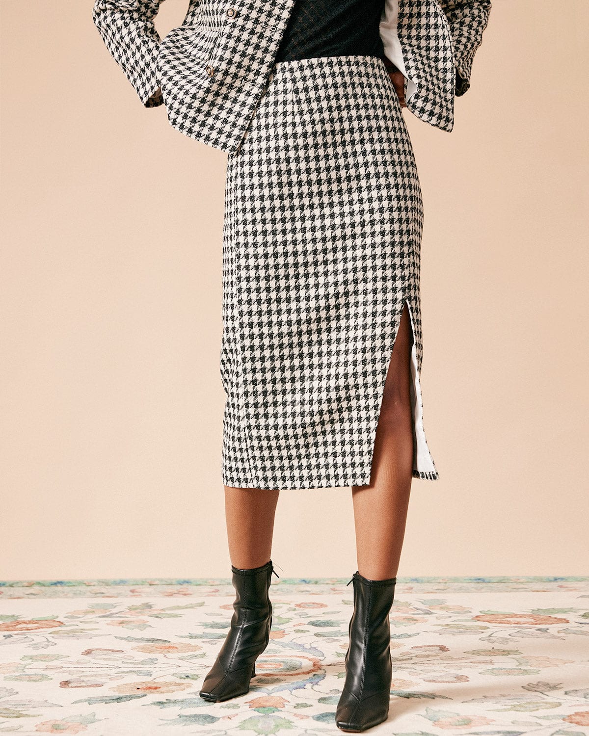 The High Waisted Plaid Tweed Slit Skirt & Reviews - Black