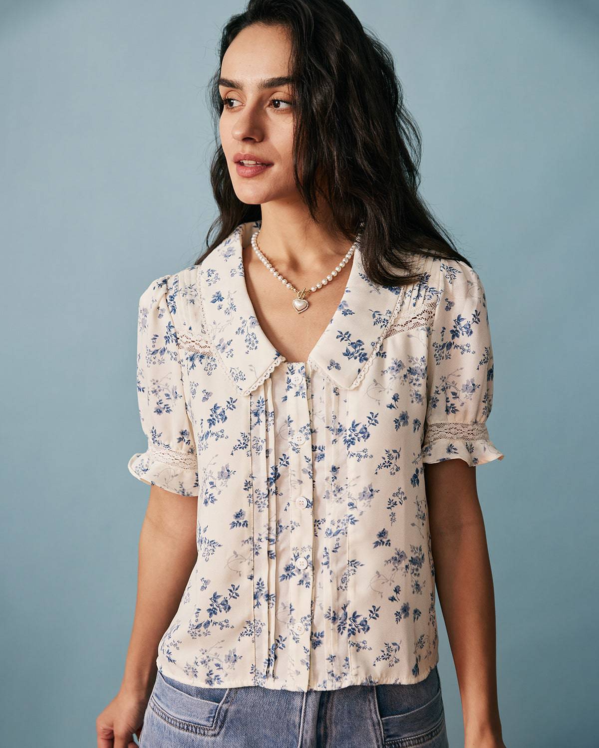 The Lace Spliced Pleated Floral Shirt - Floral Print Short Sleeve ...