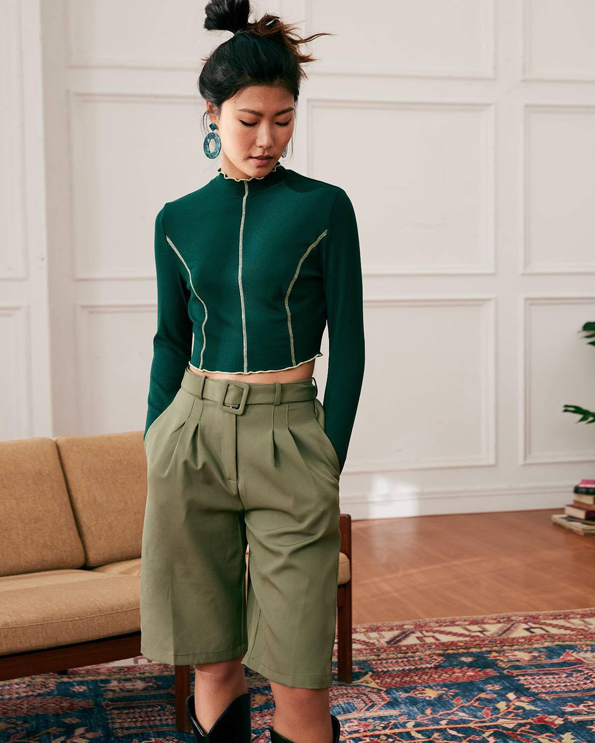 The Belted Relaxed Knee-Length Pants - Knee Length Wide Leg High Waist  Belted Pants - Dark Green - Bottoms