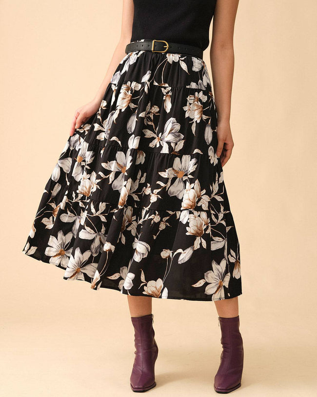 Skirts for Women Women Floral Print Elastic Waist Band Midi Skirt