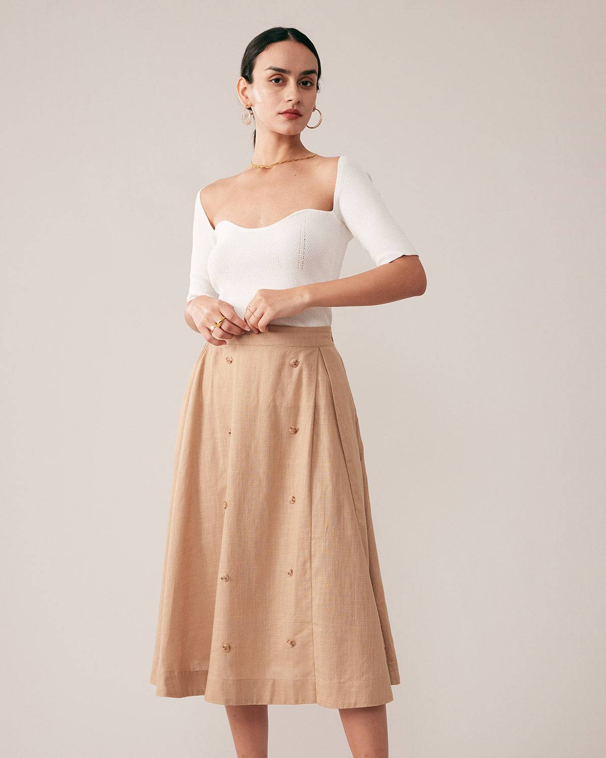 Curved Front Elastic Waist Midi Skirt - Women's A Line Elastic