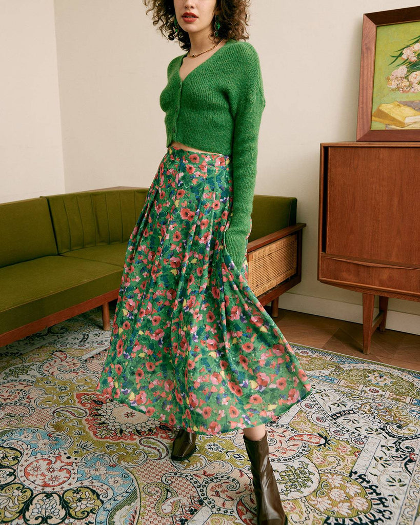 The Green Pleated Floral Skirt & Reviews - Green - Bottoms | RIHOAS