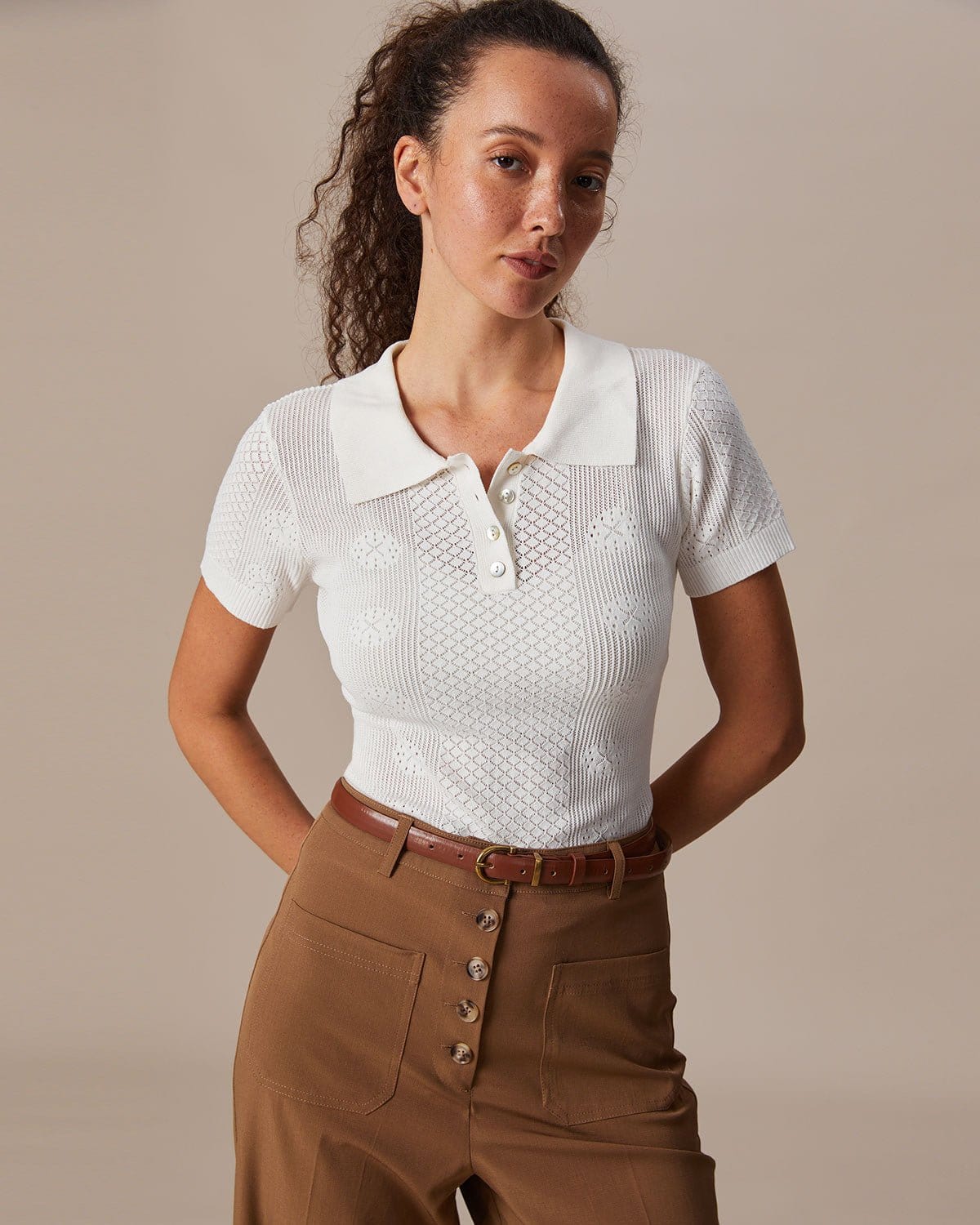 The Beige Collared Button Pointelle Knit Top & Reviews - Beige - Tops