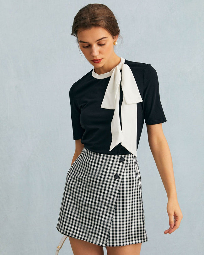 The Black High Waisted Plaid Button Mini Skort